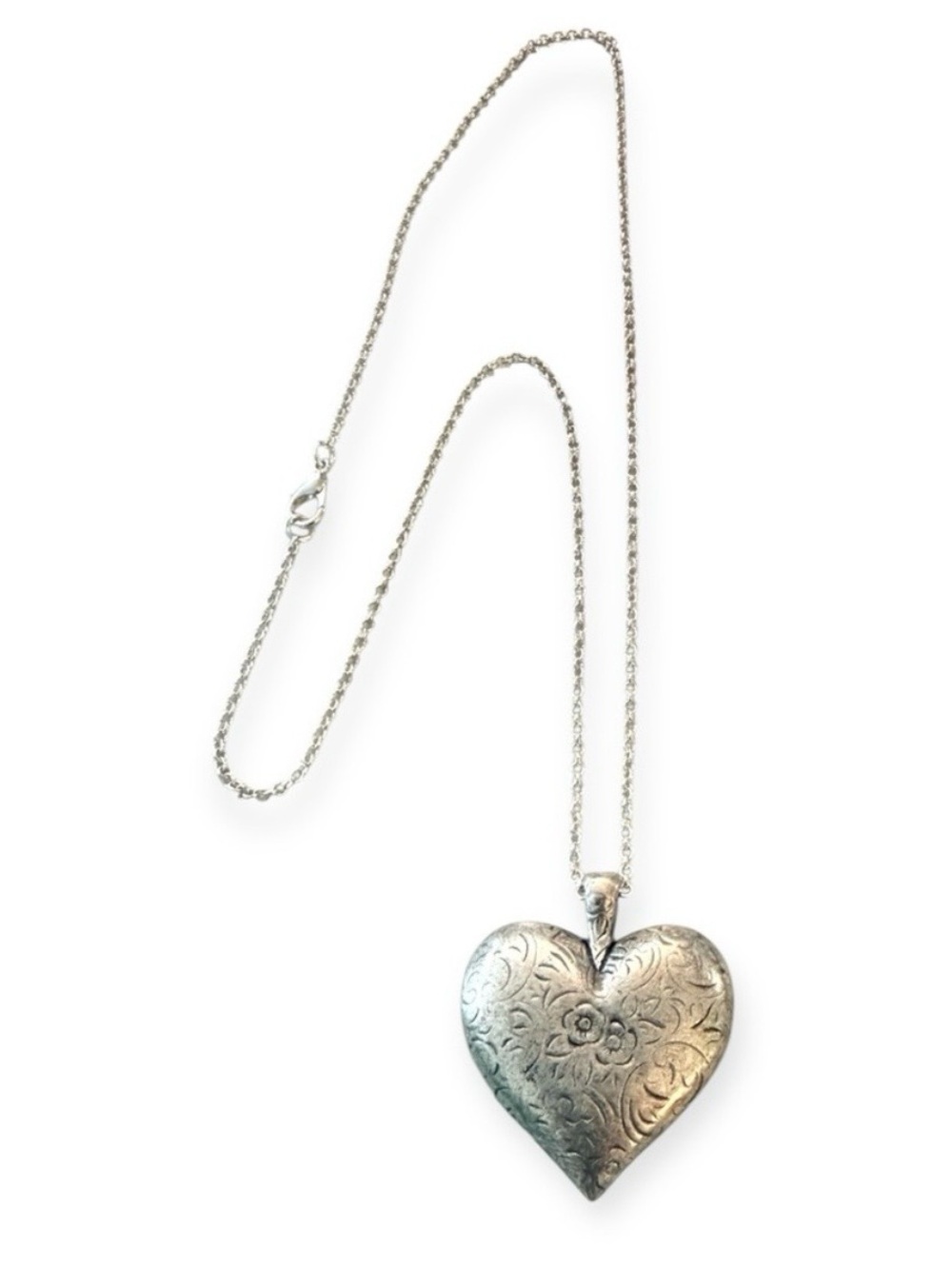 Vintage Oversized Etched Puffy Heart Pendant Necklace in Silver, 23” Long